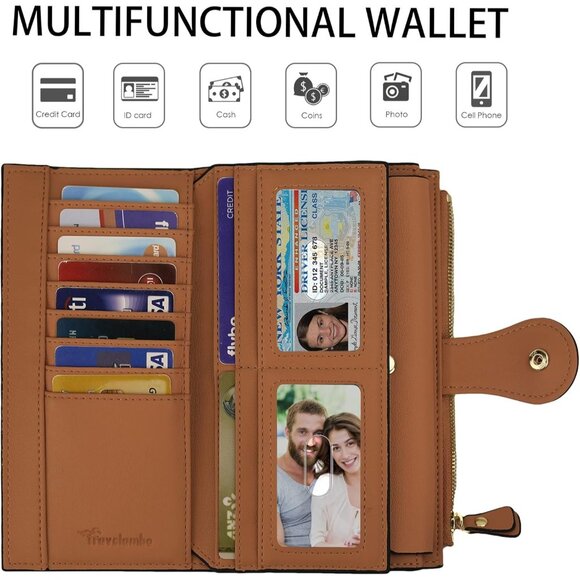 New Luxury Waxed Leather RFID Wallet for Women Large Capacity Clutch - Tan - Picture 4 of 9